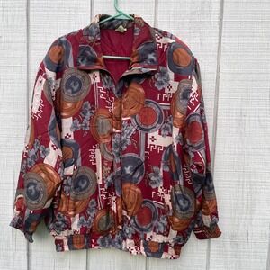 COACO Silk Bomber Jacket Abstract‎ Print Vintage Style Lightweight L